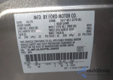 2023 Lincoln Nautilus Standard z USA, uszkodzony, nr VIN 2LMPJ8J90PBL29605